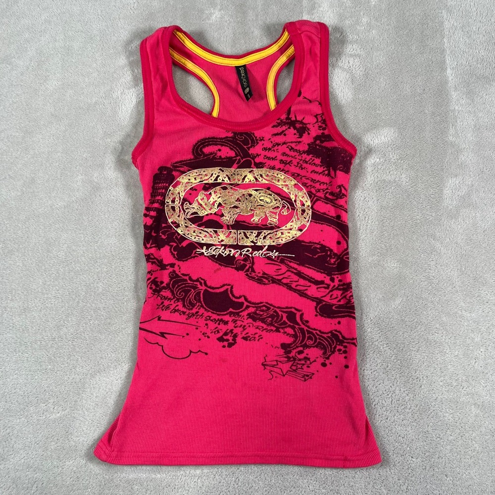 Ecko Red Racerback Tank Top Womens Small Pink Gold Rhino Graphic Y2K Streetwear